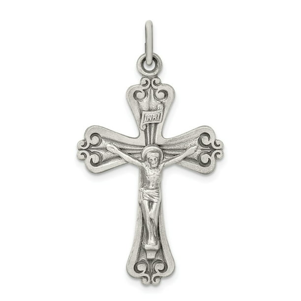 Sterling Silver Antiqued Leaf Cross INRI Crucifix Pendant 